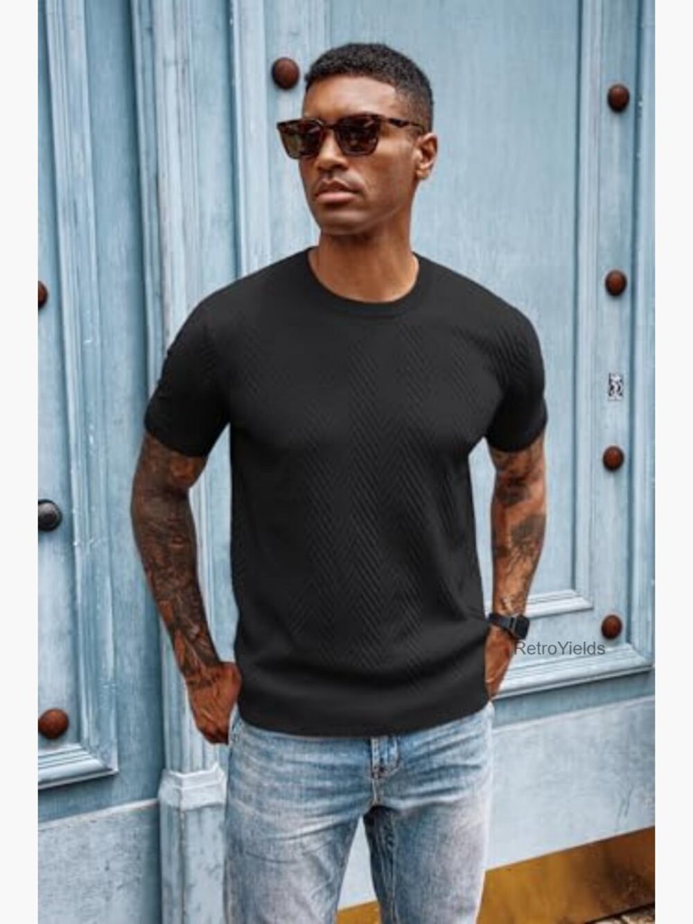 Short Sleeve Knit T-Shirt Crewneck Solid Texture Pullover Tee - Picture 6 of 7